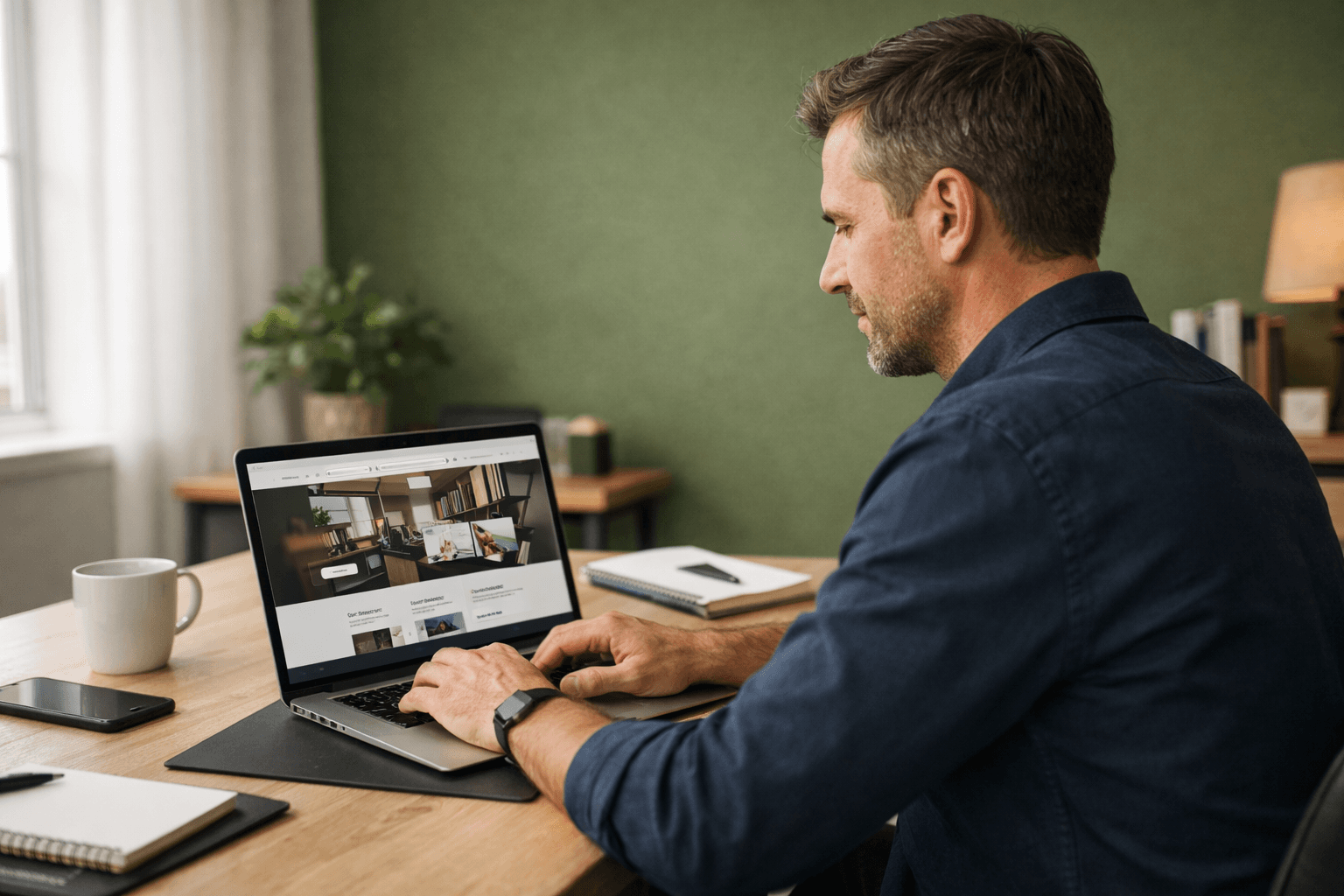 Profissional a trabalhar num portátil com website moderno em ambiente de escritório com parede verde oliva